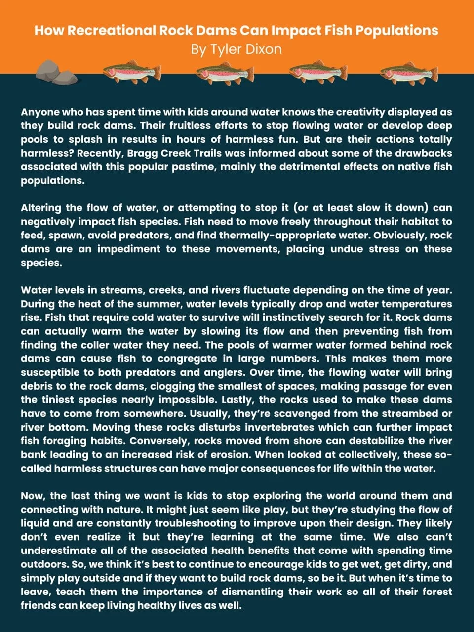 Anyone who has spent time with kids around water knows the creativity displayed as they build rock dams. Their fruitless efforts to stop flowing water or develop deep pools to splash in results in hours of harmless fun. But are their actions totally harmless? Recently, Bragg Creek Trails was informed about some of the drawbacks associated with this popular pastime, mainly the detrimental effects on native fish populations. Altering the flow of water, or attempting to stop it (or at least slow it down) can negatively impact fish species. Fish need to move freely throughout their habitat to feed, spawn, avoid predators, and find thermally-appropriate water. Obviously, rock dams are an impediment to these movements, placing undue stress on these species. Water levels in streams, creeks, and rivers fluctuate depending on the time of year. During the heat of the summer, water levels typically drop and water temperatures rise. Fish that require cold water to survive will instinctively search for it. R<br />
ock dams can actually warm the water by slowing its flow and then preventing fish from finding the coller water they need. The pools of warmer water formed behind rock dams can cause fish to congregate in large numbers. This makes them more susceptible to both predators and anglers. Over time, the flowing water will bring debris to the rock dams, clogging the smallest of spaces, making passage for even the tiniest species nearly impossible. Lastly, the rocks used to make these dams have to come from somewhere. Usually, they're scavenged from the streambed or river bottom. Moving these rocks disturbs invertebrates which can further impact fish foraging habits. Conversely, rocks moved from shore can destabilize the river bank leading to an increased risk of erosion. When looked at collectively, these so- called harmless structures can have major consequences for life within the water. Now, the last thing we want is kids to stop exploring the world around them and connecting with nature. It might just seem like play, but they're studying the flow of liquid and are constantly troubleshooting to improve upon their design. They likely don't even realize it but they're learning at the same time. We also can't underestimate all of the associated health benefits that come with spending time outdoors. So, we think it's best to continue to encourage kids to get wet, get dirty, and simply play outside and if they want to build rock dams, so be it. But when it's time to leave, teach them the importance of dismantling their work so all of their forest friends can keep living healthy lives as well.
