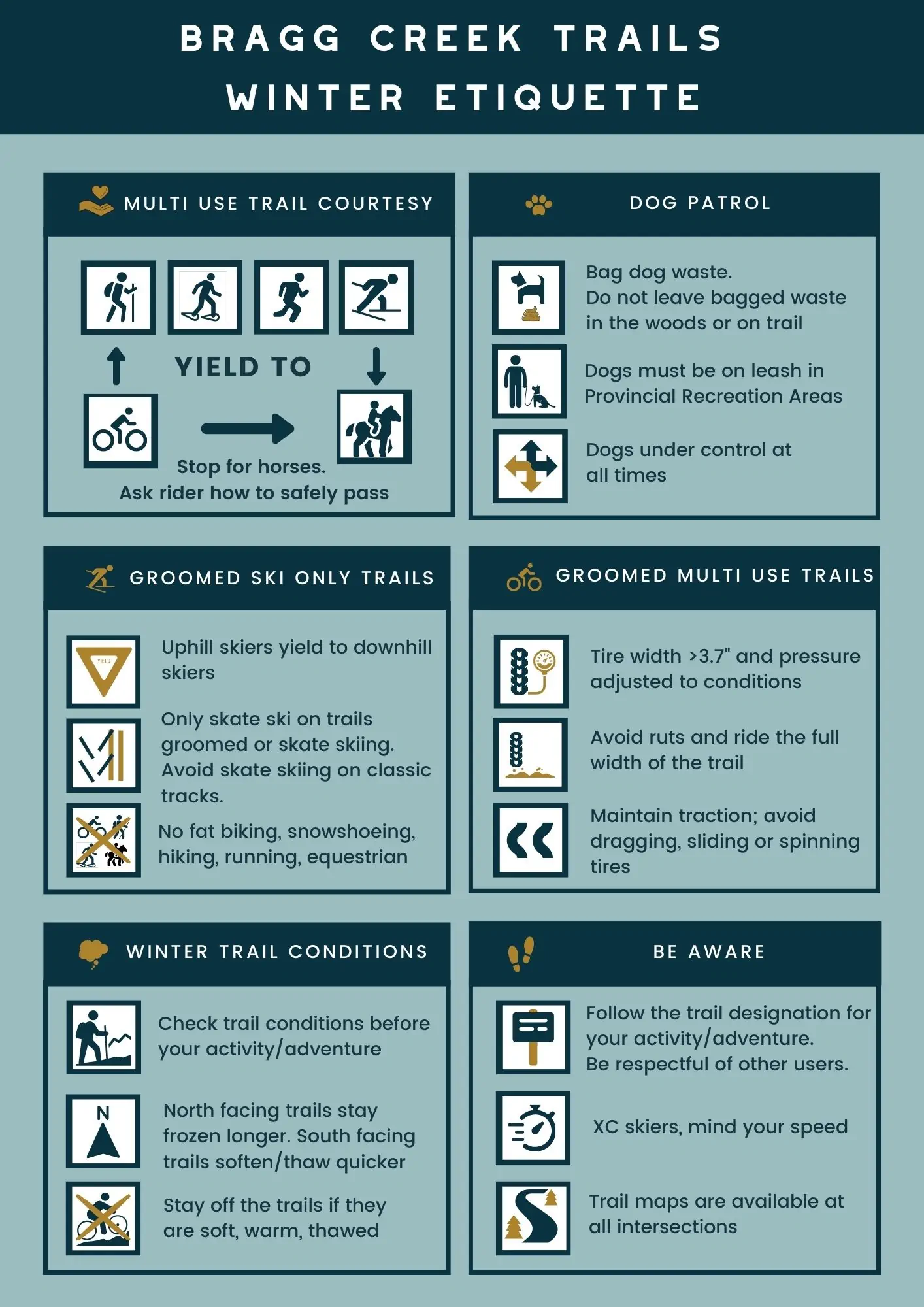 Infographic titled 'Bragg Creek Trails Winter Etiquette' outlines guidelines for trail use. It includes sections on multi-use trail courtesy, dog patrol, groomed ski-only trails, groomed multi-use trails, winter trail conditions, and awareness tips. Icons accompany each section for clarity, promoting safety and respect among trail users.